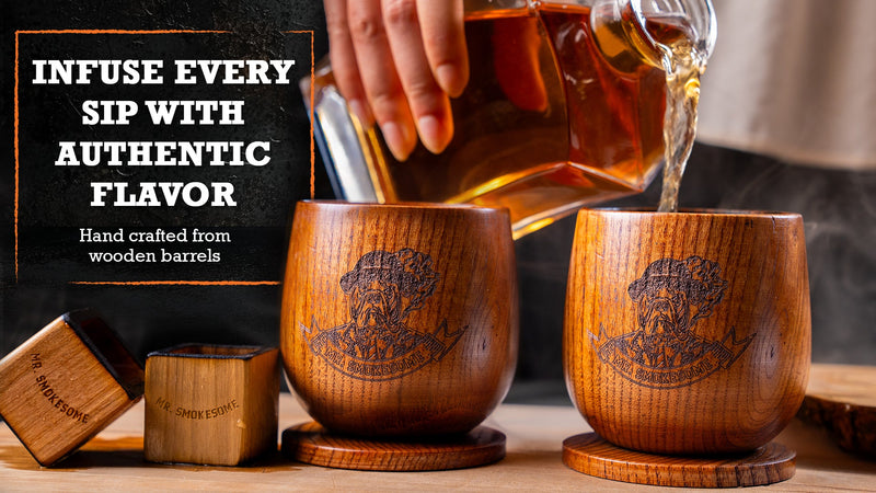 Wooden Bourbon Glass Set with Coasters | 10 fl oz Whiskey Glasses Set of 2 | Old Fashioned Glass in Gift Packaging | Whiskey Gifts for Men, Dad, or Brother | Home Bar Bourbon Gifts for Men 2 Pack