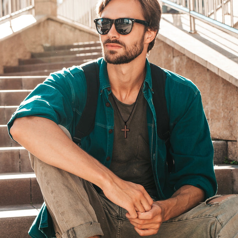 REVEMCN Wooden Cross Necklace for Men – Black Walnut & Stainless Steel Cross Pendant with Adjustable 18–24" Chain, Christian Jewellery Gift for Son Black Walnut - A 18" + 2" Extender (46 + 5 cm)