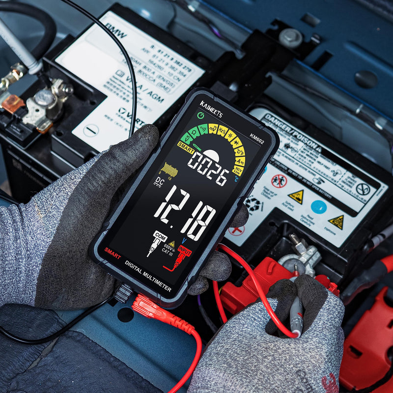 [Australia - AusPower] - KAIWEETS Smart Multimeter Rechargeable Electrical Tester with Auto Ranging Digital Voltmeter Measures Voltage Current Resistance Continuity Capacitance Temperature Frequency NCV 6000 Counts TRMS Black KM602 Full-screen smart multimeter 