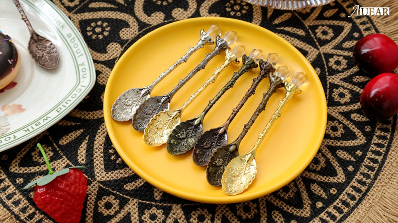 AUEAR, 50 Pack Vintage Crystal Spoons Set Carved Coffee Tea for Home Office Party Supplies Bronze & Black & Red Copper & Gold & Silver