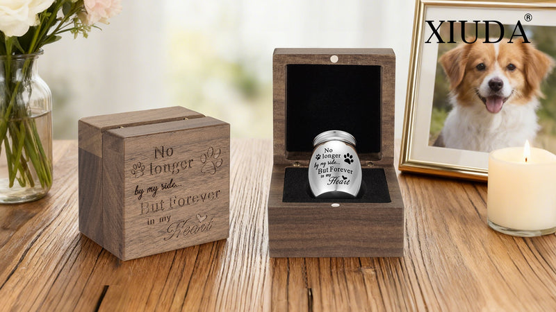 XIUDA Wooden Mini Pet Memorial Small Urns for Dog Ashes Stainless Steel Cremation Mini Urn with Black Walunt Box Funeral Pet Paw Print Keepsake Urn for Ashes 1.57inch Square Box Paw Urn