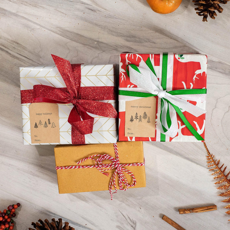 Boho Style Christmas Tree Gift Tag Stickers – 2 x 3 Inch Holiday Labels with Unique Tree Designs – 25 Adhesive Kraft Tags, Eco-Friendly, Made in USA