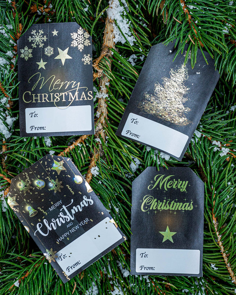 Black and Gold Christmas Gift Tags – 2 x 3 Inch Holiday Labels, Roll of 100 Stickers – Luxury ‘Merry Christmas’ and Classic Tree Adhesive Stickers, Made in The USA