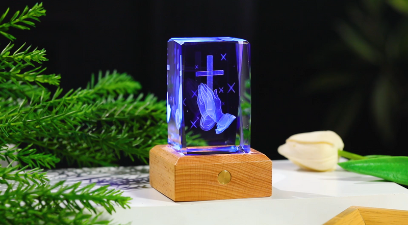 Arikyrist 3D Crystal Praying Hands Statue with Wooden Colorful LED Base Praying Hands With Cross