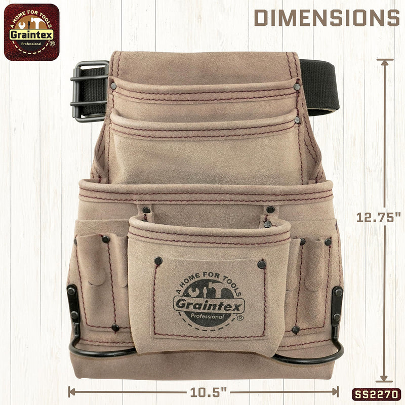 Graintex SS2270 10 Pocket Nail & Tool Pouch Beige Color Suede Leather with 2” Leather/Webbing Belt for Constructors, Electricians, Plumbers, Handymen