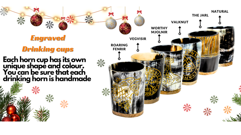 Handmade Viking Drinking Horn Shot Glasses (Set of 6) – 100% Authentic Natural Ox Horn – 3oz Medieval Mead & Whiskey Tumblers – Unique Barware Gift Set for Men and Women VEGVASIR-VALKNUT-WOLF-MJOLNIR-JARL-NATURAL