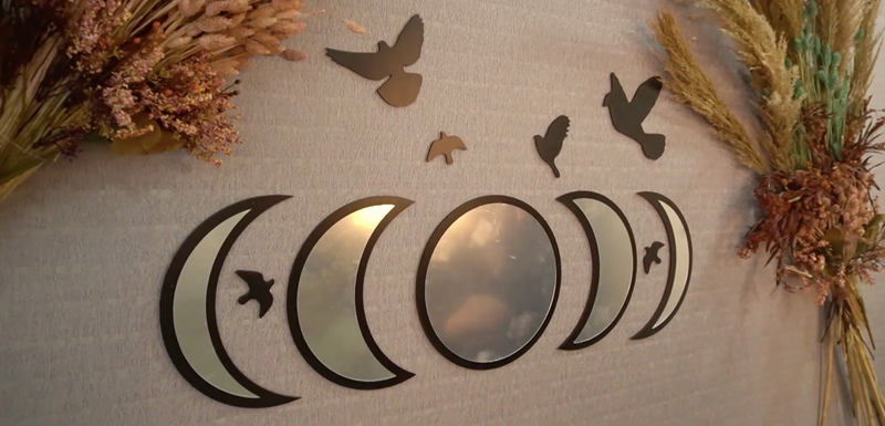 NESHE Moon Phase Mirror Wall Decor Set with Birds | Gothic Witchy Boho Wall Mirror Decor | Scandinavian Aesthetic Home Decor for Bedroom Living Room (Black) Black