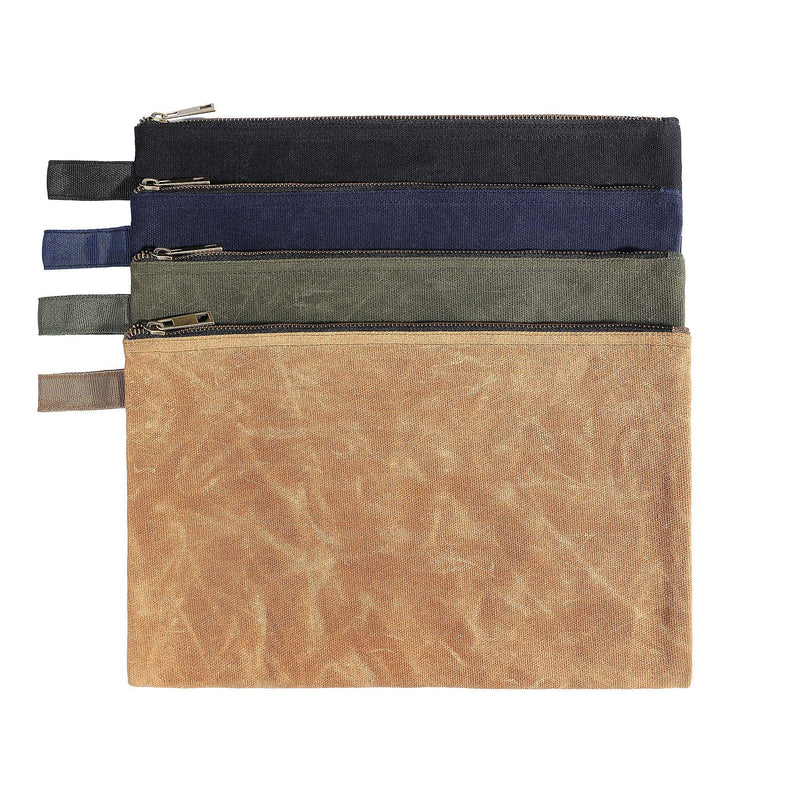 Tool Pouches with Smooth Zipper, Heavy Duty 16oz Waxed Canvas Tool Pouch, One-piece Waterproof Tool Bags,12.5X8.4 Inches (4 Pack) Large Black/Khaki/Navy/Army Green