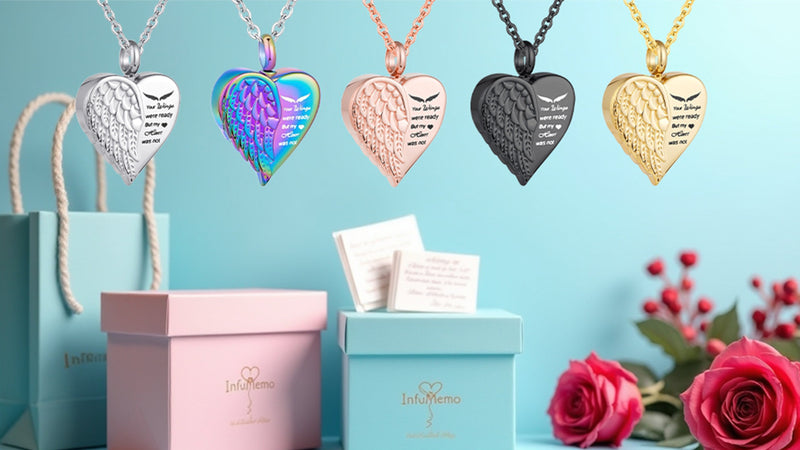 Cremation Heart Urn Necklace Ashes Jewelry for Women Men Angel Wing Urn Locket Ashes with Mini Keepsake Memorial Jewelry - Your Wings were ready But my Heart was not Rose Gold