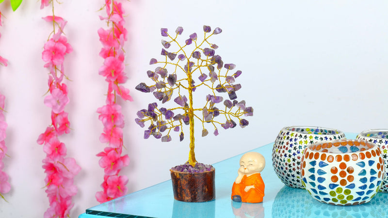 FASHIONZAADI Amethyst Bonsai Money Tree Feng Shui Crystal Gemstone Trees Chakra Stone Healing Crystals Trees Good Luck Home Office Table Décor Health Prosperity Size 7-8 inch (Golden Wire)