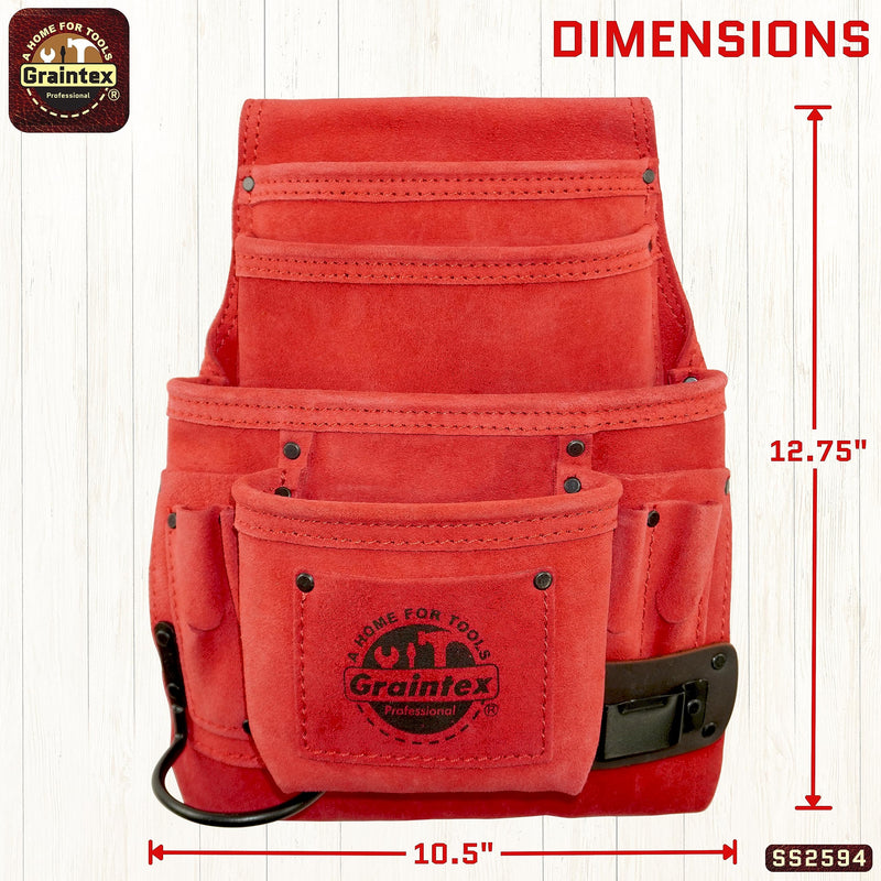 Graintex 10 Pocket Nail & Tool Pouch, Suede Leather Tool Bag, Tool Belt for Constructors, Electricians, Handymen, HVAC Tools, Professional Organizer with Adjustable Fit Red
