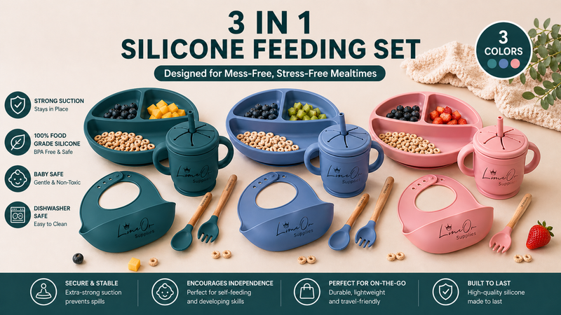 Silicone Baby Feeding Set, 14PCS, Baby plates and bowls Set - Silicone Bibs Pink