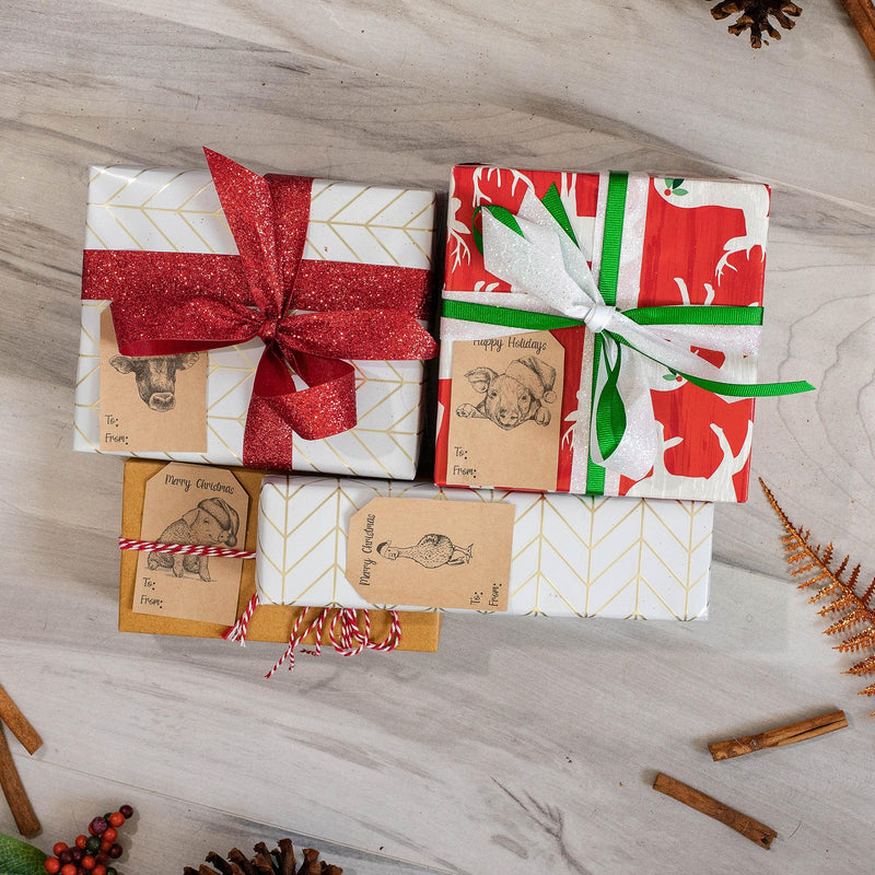 Natural Kraft Country Christmas Gift Tag Stickers – 2 x 3 Inch Vintage Farm Animal Designs – 100 Adhesive Labels Featuring Cow, Goose, and Pig – Eco-Friendly, Made in USA