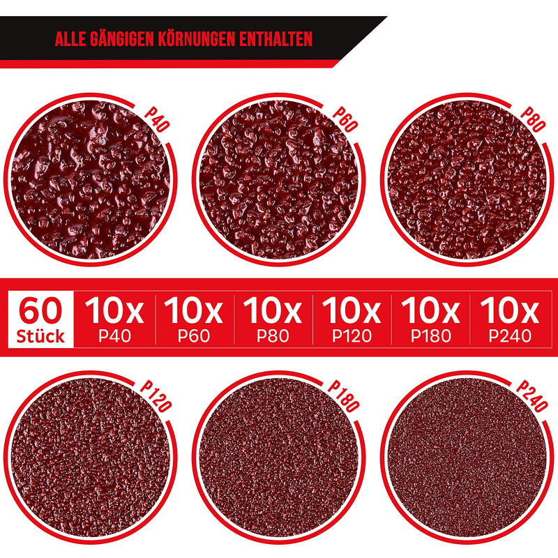 [Australia - AusPower] - KSP-Tec 60 x Sandpaper 125 mm Velcro Sanding Discs for Orbital Sanders with Grit 10 x 40/60/80/120/180/240 60 x P40-P240 