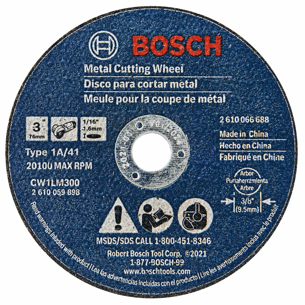 BOSCH CW1LM300 5-Pack 3 In. x 1/16 In. Metal Cutting Wheel 46 Grit Compatible with 3/8 In. Arbor Type 1A (ISO 41) for Fast Cutting Applications in Metal, Stainless Steel