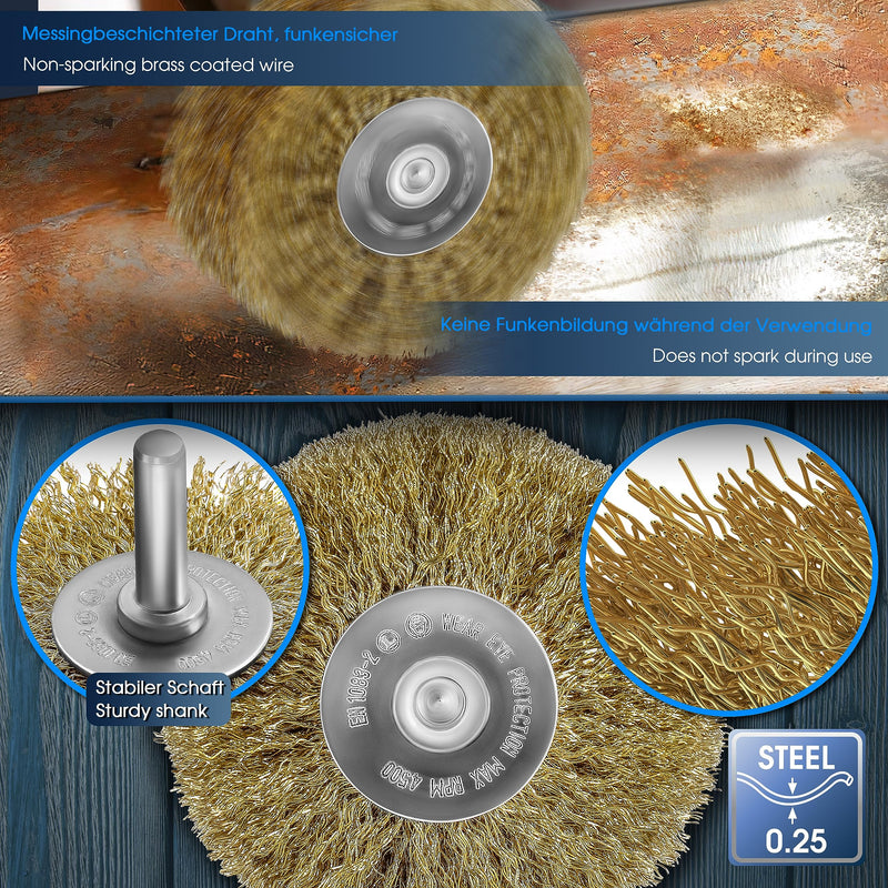 [Australia - AusPower] - S&R Steel Wire Round Brush, Sanding Brush Brass 80 mm x 35 mm, Wood Structure Brush Brass-Plated, 0.25 mm Wavy Round Shaft 8 mm, Wire Brush for Wood, Metal, Stainless Steel, Plastics 