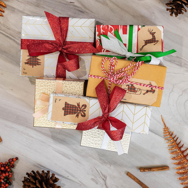 Plaid Christmas Silhouettes Brown Kraft Gift Tag Stickers – 2 x 3 Inch Holiday Labels, Set of 25 – 4 Festive Designs: Reindeer, Bell, Sleigh, Tree – Made in The USA
