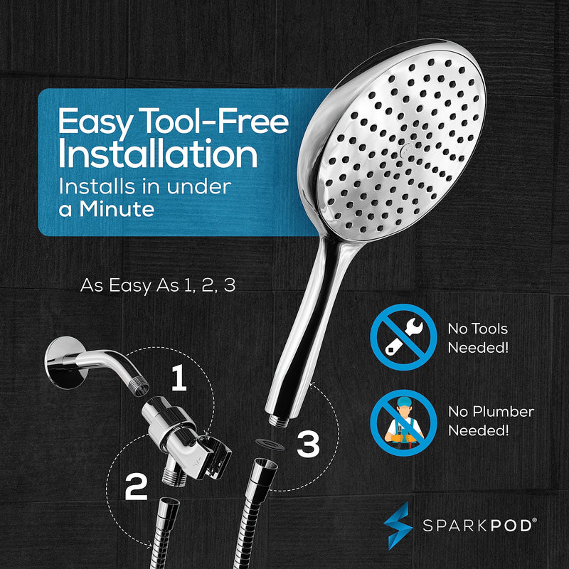 SparkPod High Pressure Handheld Shower Head with Hose- Huge 6-Inch Face- Rain Shower with Extra Long 6 ft. Hose and Premium Adjustable Bracket- Luxury Design -Tool-less 1-Min Installation (Chrome) 1 Function - Full Set