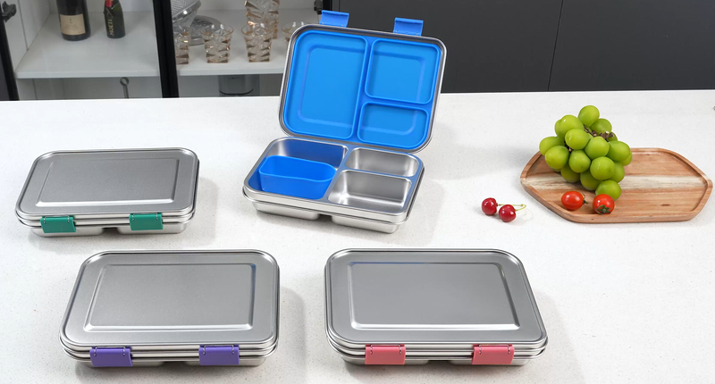 BABHAMNESS Stainless Steel Bento Box Kids, 3 Compartments Leak Proof Metal Bento Lunch Box, 304 Stainless Steel Bento Lunch Containers for School and Office,Dishwasher Safe, BPA-Free-Blue Blue