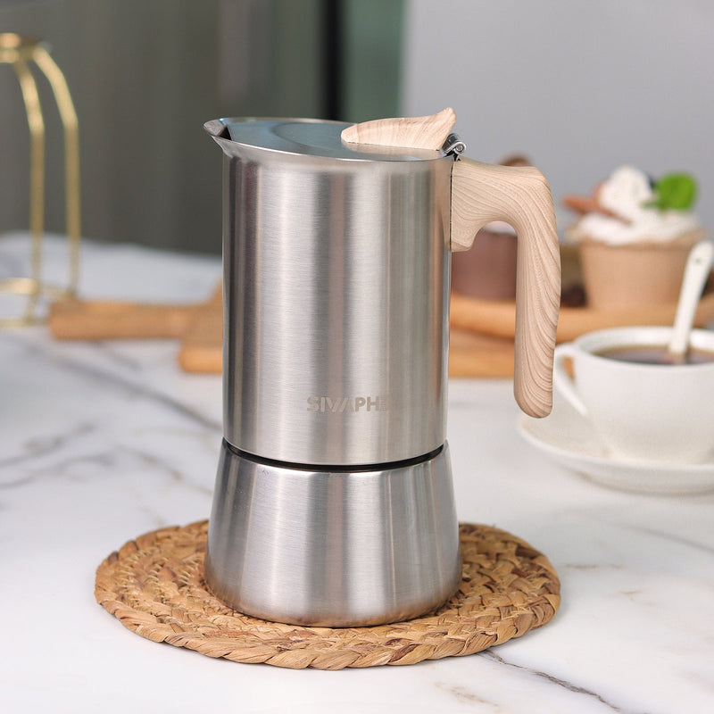 Sivaphe4 cups Stainless Steel Stovetop Espresso Coffee Maker | Induction Support 10 oz Intalian Moka Pot | Durable Cuban Coffee Maker 200ml(1 Cup=50ml) 4 CUP stainless
