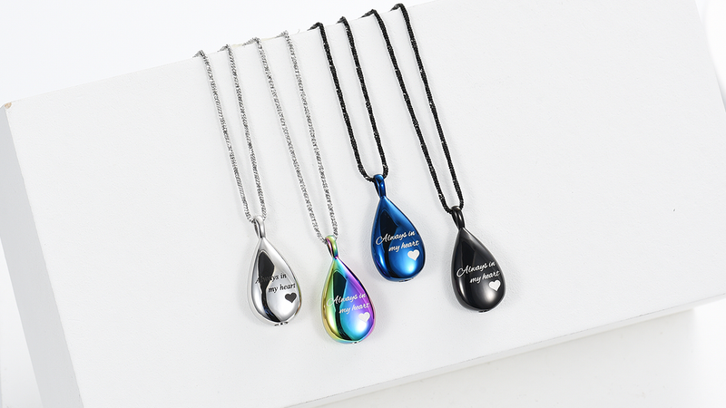 Yinplsmemory Carved Teardrop Keepsake Ashes Necklace Urn Pendant Cremation Memorial Jewelry-Always in my heart Blue
