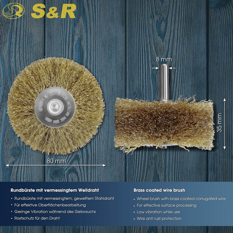 [Australia - AusPower] - S&R Steel Wire Round Brush, Sanding Brush Brass 80 mm x 35 mm, Wood Structure Brush Brass-Plated, 0.25 mm Wavy Round Shaft 8 mm, Wire Brush for Wood, Metal, Stainless Steel, Plastics 