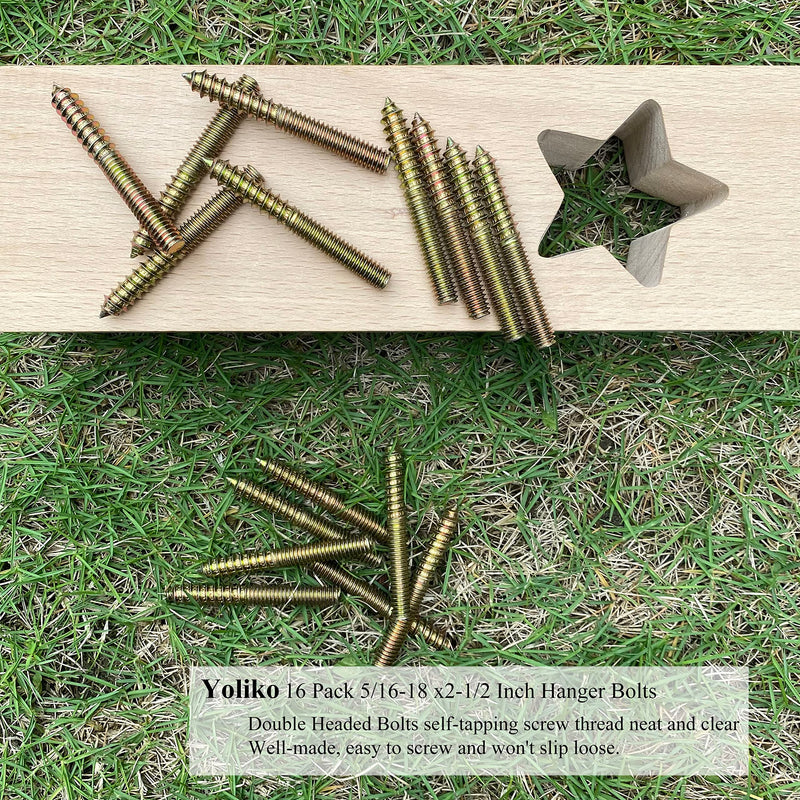 [Australia - AusPower] - 16 Pack 5/16-18 x 2-1/2 Inch Hanger Bolts 5/16-18" Double Headed Bolts 5/16 Wood Dowel Screw Self-Tapping Screw Hanger Bolts for Furniture Screws Double Screw Threaded Rods Bolt 63.5mm Length 5/16-18x2-1/2"-16Pcs 