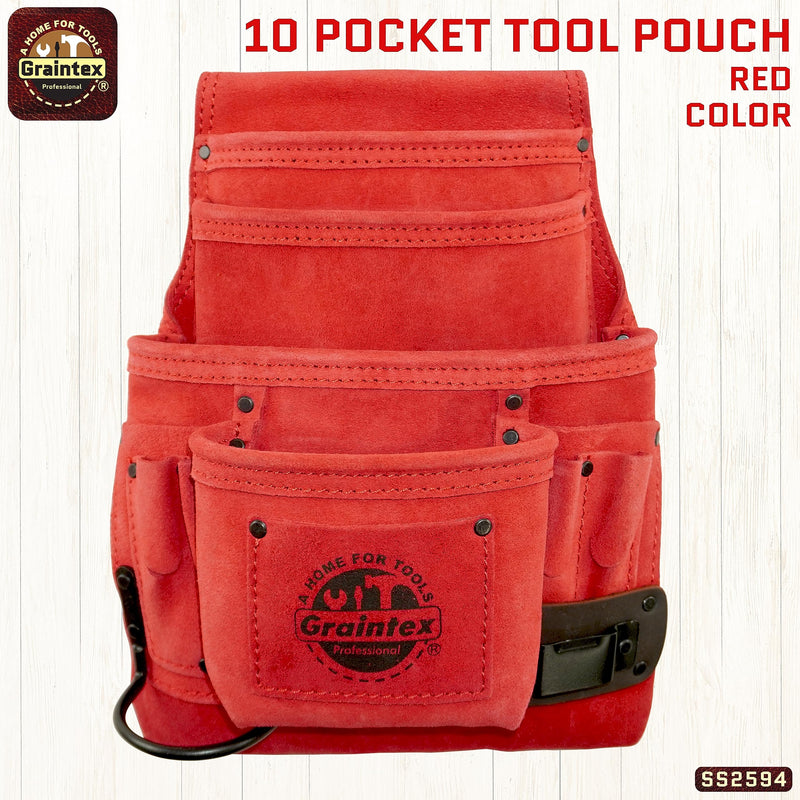 Graintex 10 Pocket Nail & Tool Pouch, Suede Leather Tool Bag, Tool Belt for Constructors, Electricians, Handymen, HVAC Tools, Professional Organizer with Adjustable Fit Red