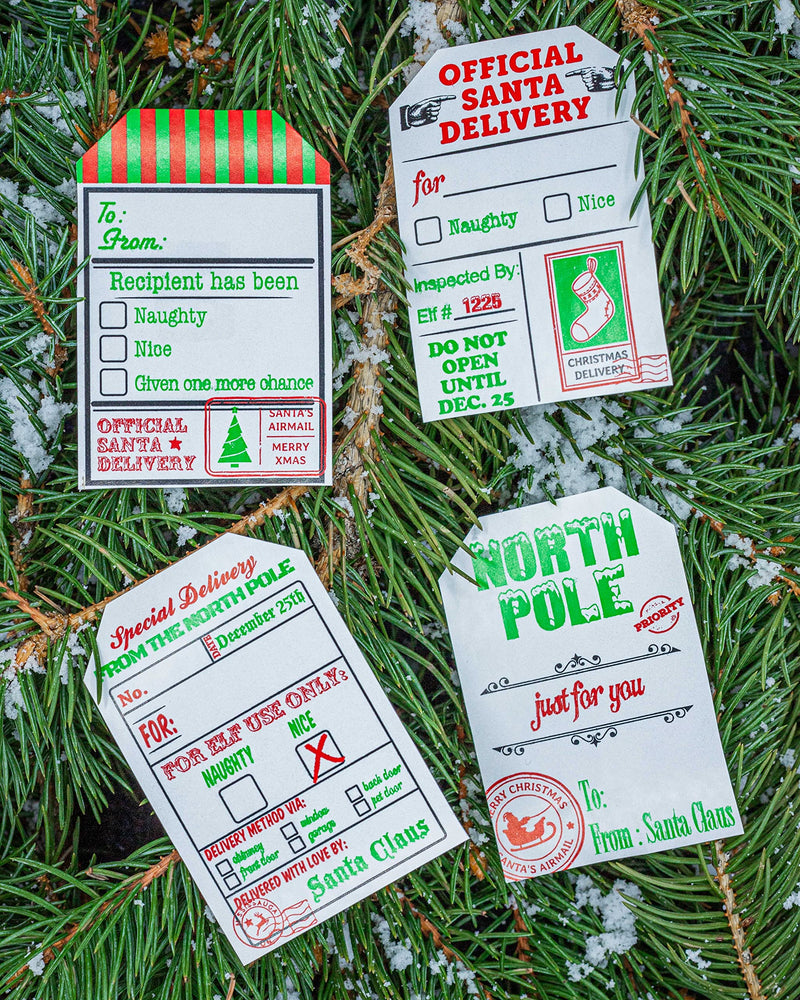 from Santa Gift Tags â€“ White Semi-Gloss Holiday Stickers, 2 x 3 Inch Labels, Roll of 100 with 4 Festive Designs â€“ Christmas Wrapping Tags, Made in The USA