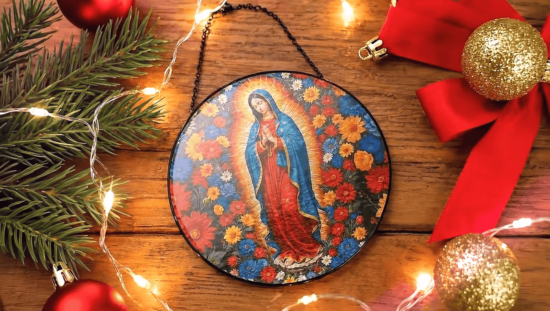 FLAGWIX Our Lady of Guadalupe Stained Glass Suncatcher, 8 in Red & Blue - Mother Mary