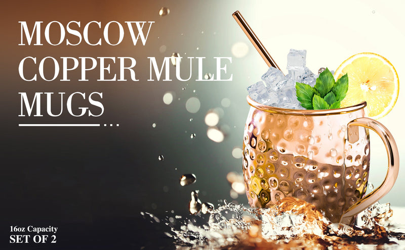 Moscow Mule Mugs, 4pcs Set of 16oz Copper Cups, Handcrafted Traditional Design, Gift Set with Straws, Spoon, Cleaning Brush & Shot Glass, Insulated, Reusable
