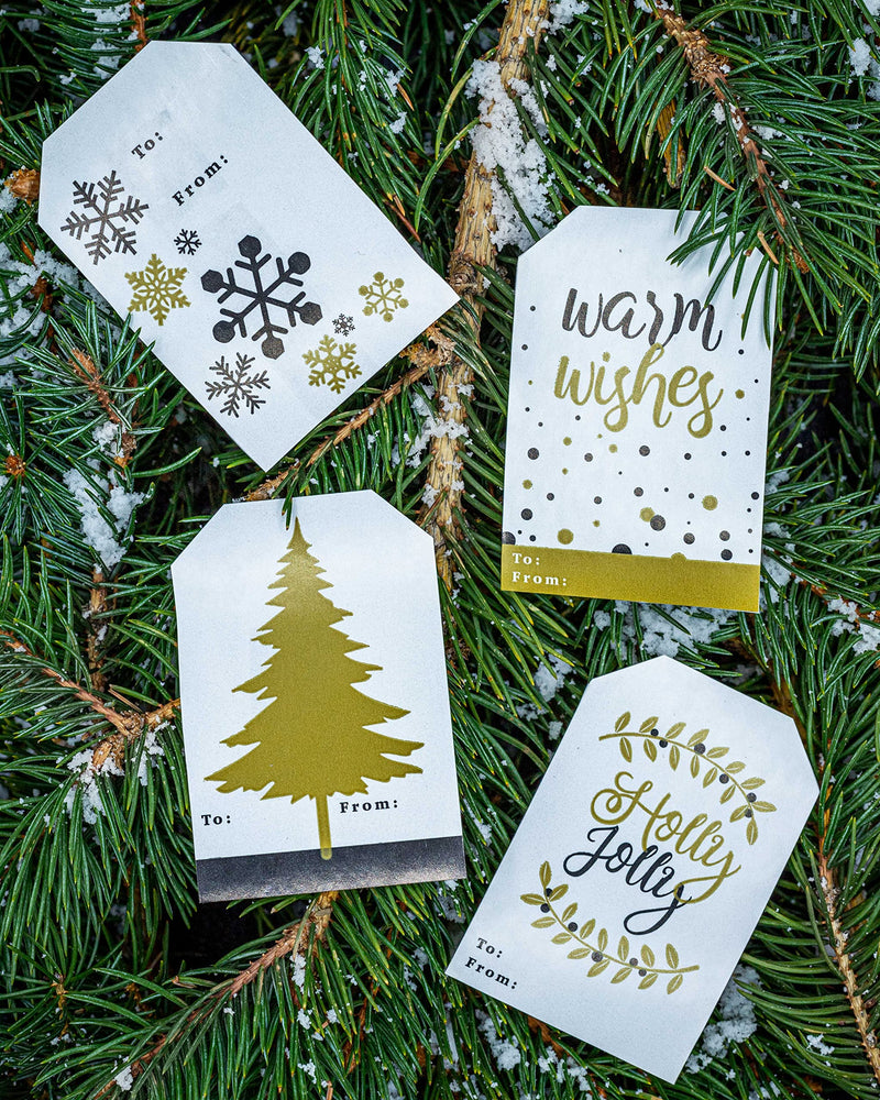 Holly Jolly and Warm Wishes Gold Gift Tag Stickers – 2 x 3 Inch Holiday Labels, Roll of 100 with 4 Festive Designs – Elegant Christmas Tags, Made in The USA