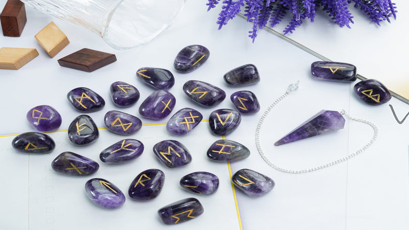 Crocon Green Jade Rune Set 25 Pcs with Elder Futhark Alphabets 1 Pendulum #009 Green Jade Rune + Pendulum