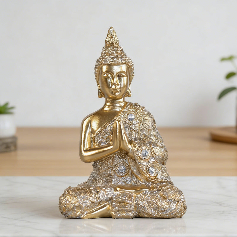 Golden Thai Buddha Namaste Figurine Resin Zen Desktop Decor 14cm