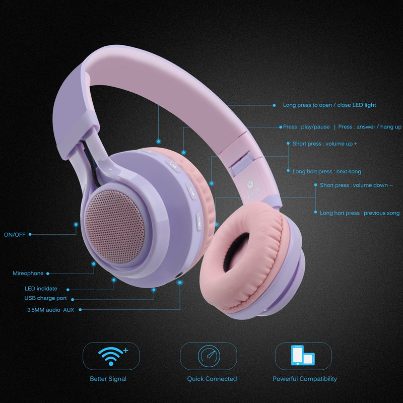 [Australia - AusPower] - Riwbox WT-7S Kids Bluetooth Headphones Light Up, Foldable Stero Wireless Headset with Microphone and Volume Control for PC/Tablet/TV/Travel (Purple) Purple 