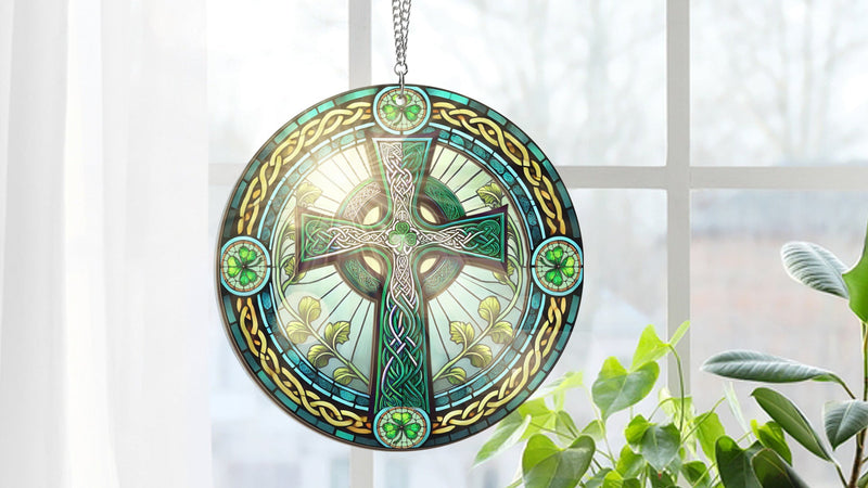 FLAGWIX Irish Gifts for Women, Celtic Cross Suncatcher Ornament 8 in Green - Celtic Cross