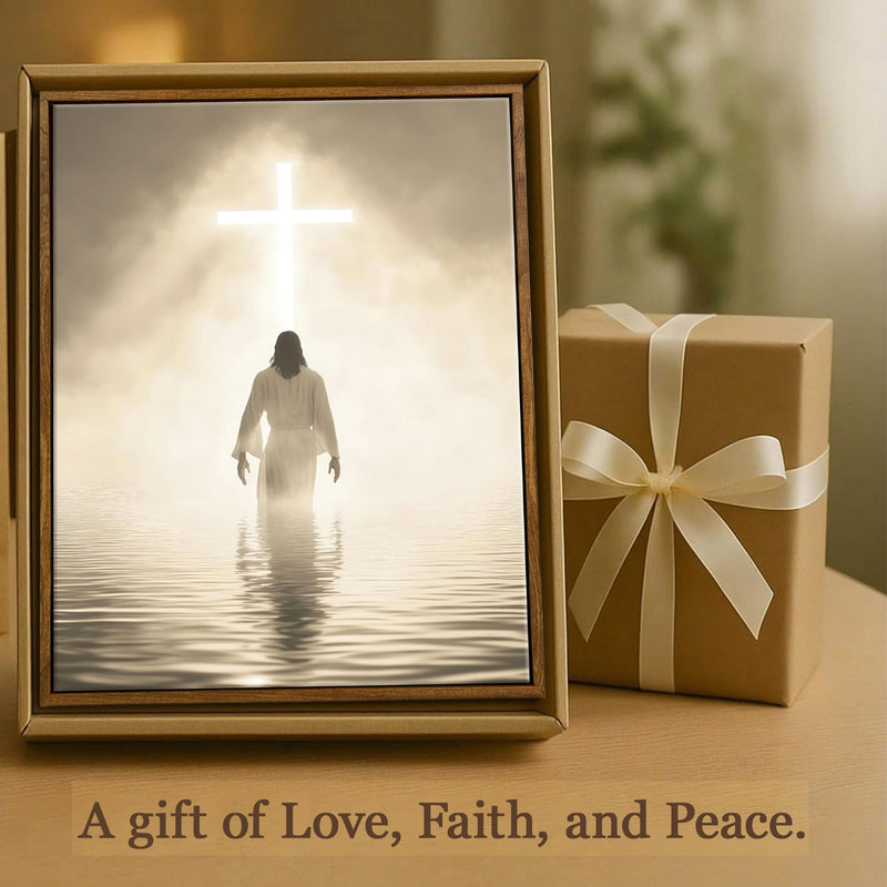 Jesus Walking on Water Canvas Wall Art - Modern Framed Christian Decor, Divine Light Toward Holy Cross, Spiritual Religious Pictures for Prayer Room, Church, Home Office (12x16in) Framed-2 16"L x 12"W