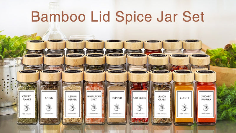 Aliggbent Spice Jars with Lable, 48 Pcs 4 oz Glass Spice Jars with Bamboo Lids, Spice Containers Bottles, Glass Seasoning Jars with Shaker Lids, Collapsible Funnel, for Spice Racks, Pantry,Cupboard 48PCS/4OZ