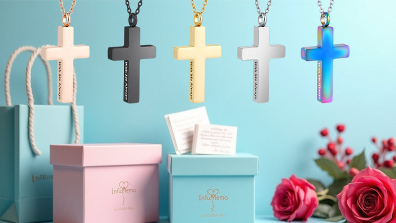 Cremation Cross Necklace for Ashes Stainless Steel Cross Urn Pendant with Mini Keepsake Ashes Holder Memorial Jewelry - With Me Always Black-With Me Always