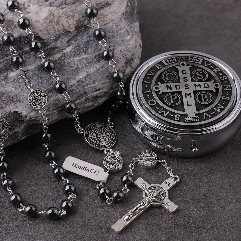HanlinCC Catholic Rosary St.Benedict Necklace Hematite Beads with Gift Box