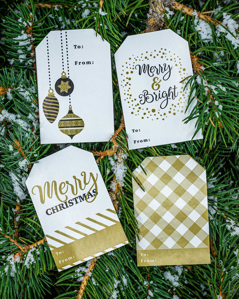 Merry & Bright Gold Gift Tag Stickers – 2 x 3 Inch Holiday Labels, Roll of 100 with 4 Festive Designs – Elegant Christmas Wrapping Tags, Made in The USA