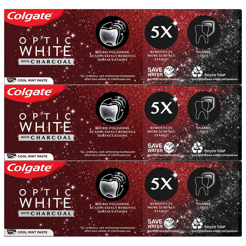 Colgate Optic White with Charcoal Whitening Toothpaste, Cool Mint Flavor, Safely Removes Surface Stains, Enamel-Safe for Daily Use, Teeth Whitening Toothpaste with Fluoride, 3 Pack, 4.2 Oz Tube 0.33 Ounce (Pack of 3)