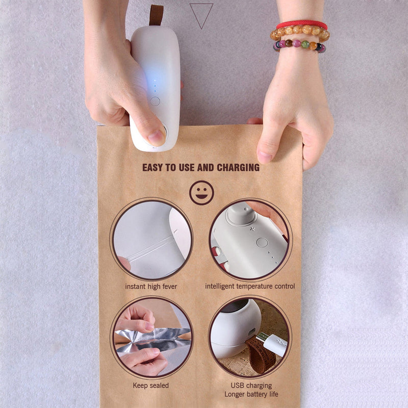 Mini Heat Sealer USB Bag Sealer Machine with Cutter High Security Handheld 2 in 1 Sealer Clips Portable Electric Rechargeable Quick Sealer for Plastic Bags Food Snack Fresh Bag Resealer White