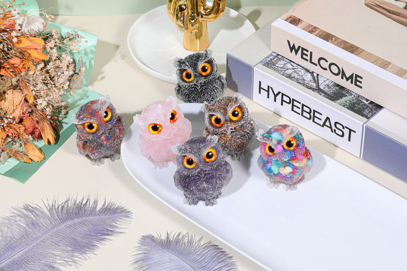 Jovivi 2.5" Rainbow Shell Crystal Owl Statue Carved Resin Reiki Healing Crystal Pocket Stone Sculpture Gemstone Animal Owl Figurines Ornament Cute Room Office Decor Gifts