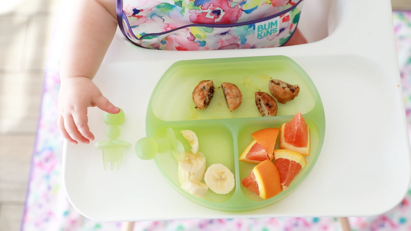 Bumkins - Silicone Grip Plate, Fork & Spoon & Lid - For Ages 18 Months+ - Suction Base - 100% Food-Safe Silicone - Oven, Microwave, Freezer, & Dishwasher Safe - Gray