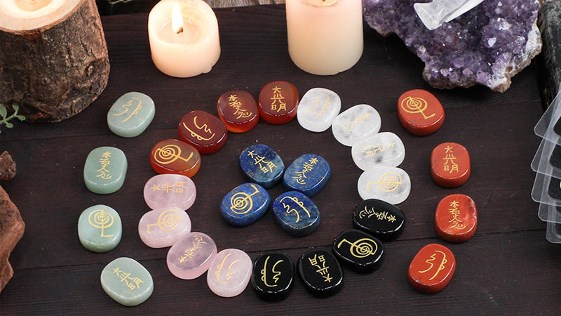 mookaitedecor 4 Piece Carnelian Stones Engraved Chakra Symbols Carnelian with Chakra Symbol