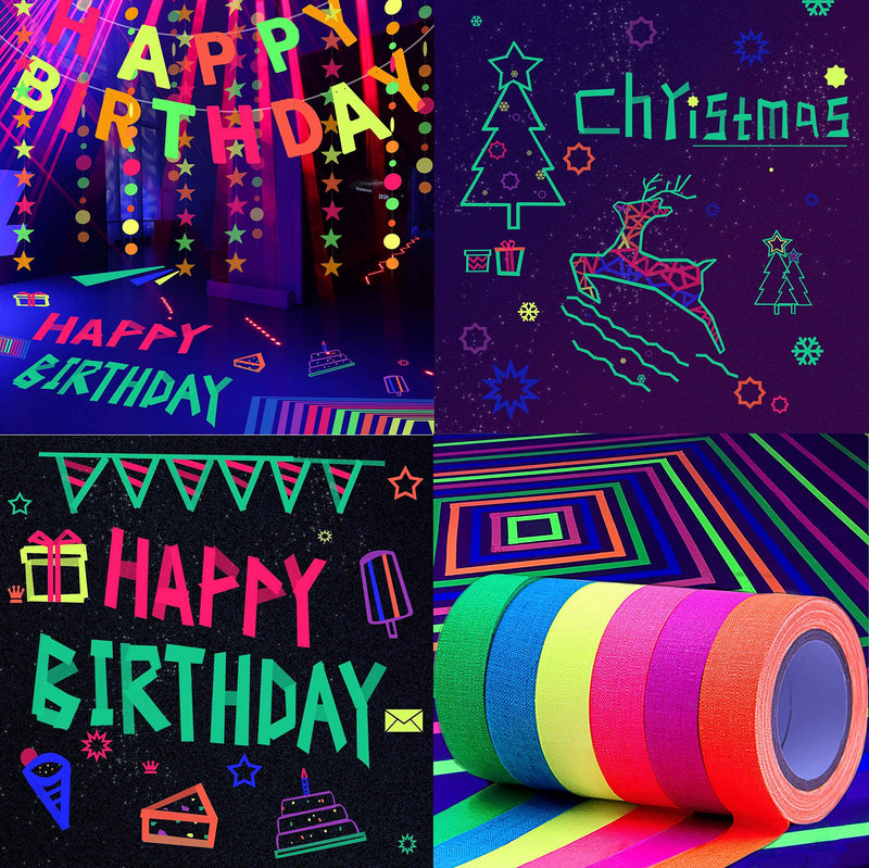 [Australia - AusPower] - Adhesive Tape, 6 Colors Neon Gaffer Cloth, UV Blacklight Glow Tape, 0.6 inch x 16.5 feet x 6 Rolls 