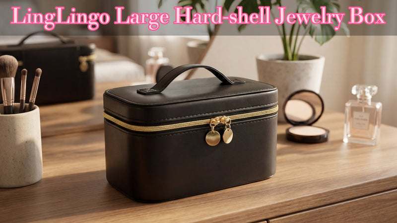 Large Travel Jewelry Box, Hard Shell PU Leather with 20 Zippered Clear Pockets for Earrings Rings Necklaces (Black) Black