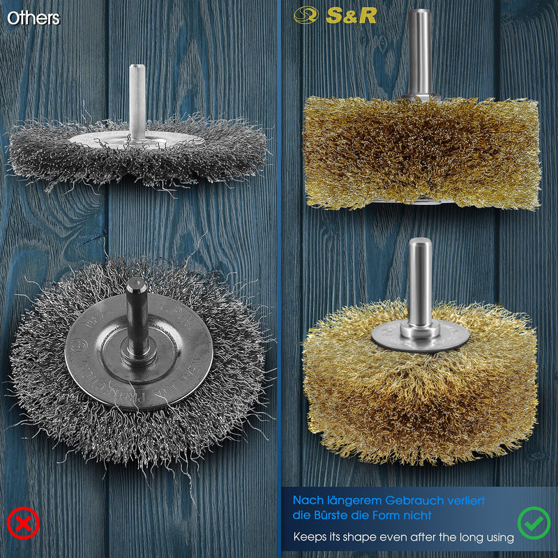 [Australia - AusPower] - S&R Steel Wire Round Brush, Sanding Brush Brass 80 mm x 35 mm, Wood Structure Brush Brass-Plated, 0.25 mm Wavy Round Shaft 8 mm, Wire Brush for Wood, Metal, Stainless Steel, Plastics 
