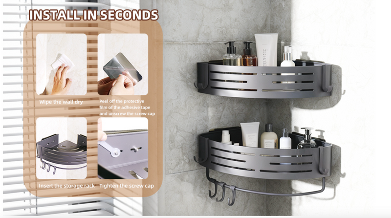 Pair of black adhesive corner shower caddies made of aluminum, no drilling needed, ideal for organizing shower essentials.